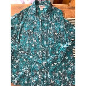 Wrangler Wrancher Western Shirt Womens XL Teal Floral Snap Front Rayon LWR330B